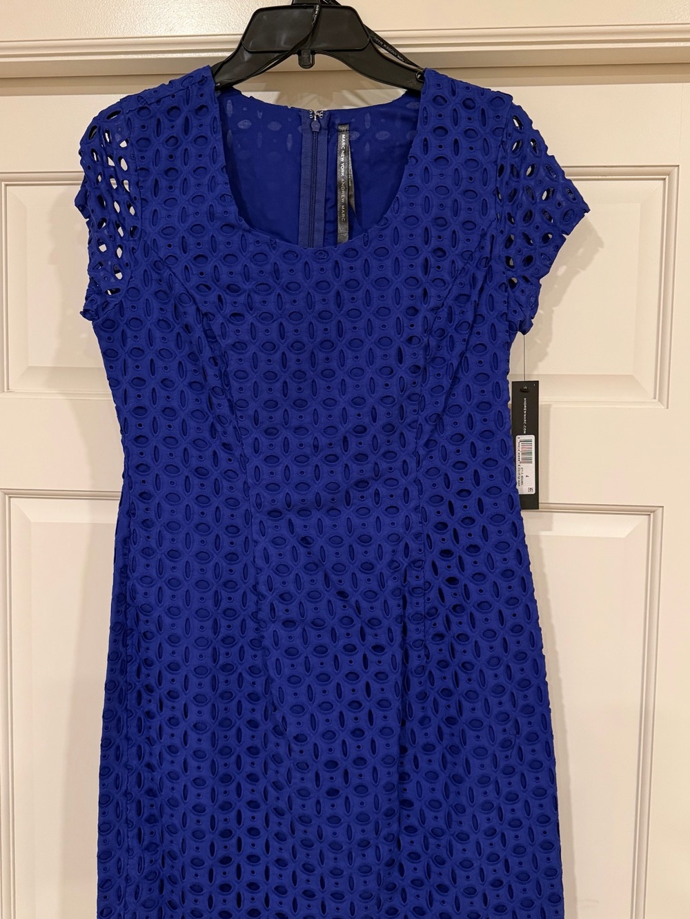 Women’s Royal Blue Short-Sleeve Dress with Eyelet Design and Back Zipper